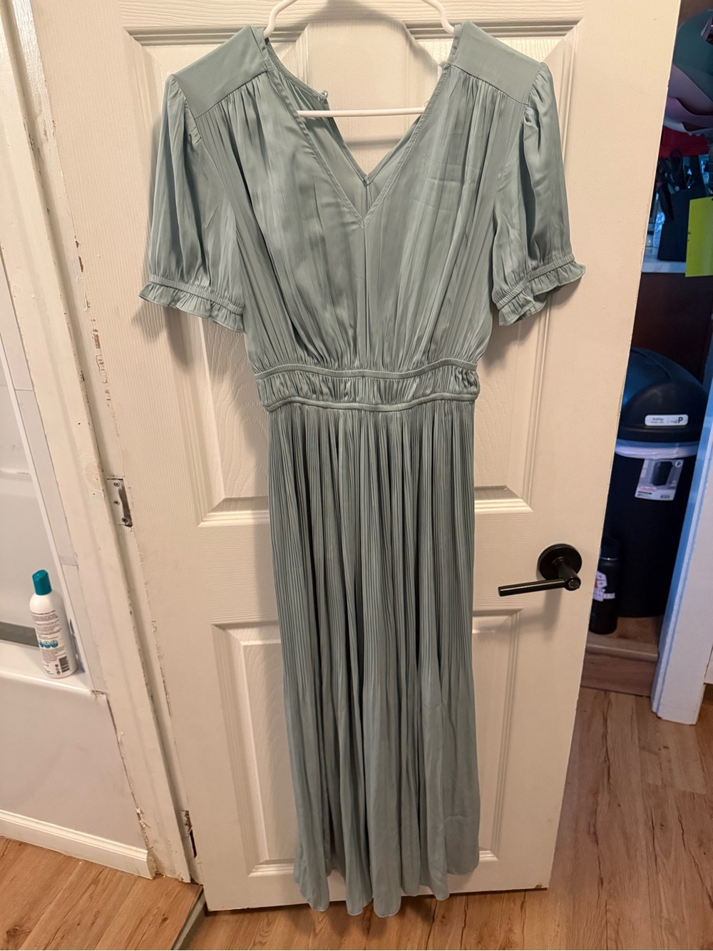 DownEast Sage Green V-Neck Pleated Maxi Dress with Puff Sleeves
